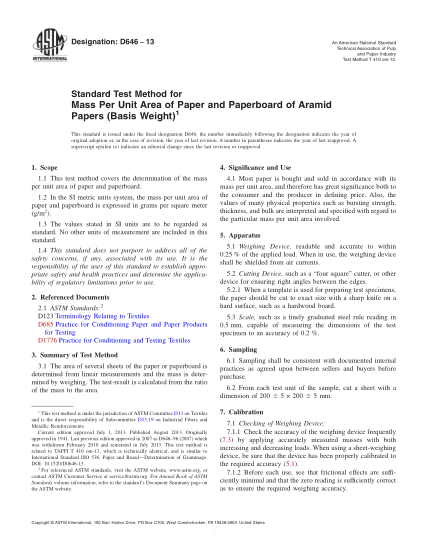 ASTM D646-2013紙和紙板每平方米克重的試驗(yàn)方法(單位面積質(zhì)量)Standard Test Method for Mass Per Unit Area of Paper and Paperboard of Aramid Papers (Basis Weight)