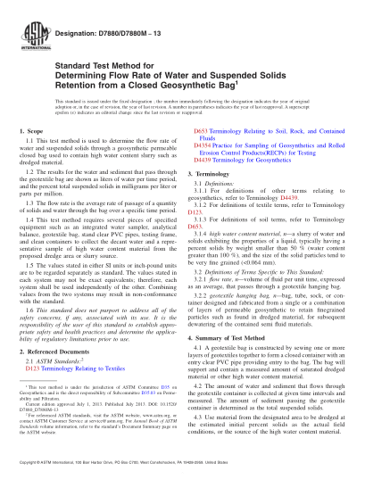 ASTM D7880/D7880M-2013測(cè)定來自封閉土工合成袋的水流量和懸浮物滯留的試驗(yàn)方法Standard Test Method for Determining Flow Rate of Water and Suspended Solids Retention from a Closed Geosynthetic Bag