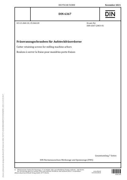 DIN 6367-2021Cutter retaining screws for milling machine arbors