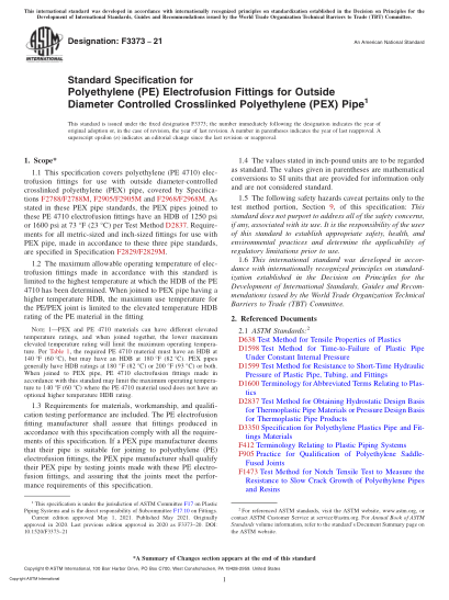 ASTM F3373-2021Standard Specification for Polyethylene (PE) Electrofusion Fittings for Outside Diameter Controlled Crosslinked Polyethylene (PEX) Pipe
