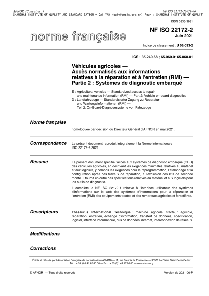 NF U02-033-2-2021Agricultural vehicles - Standardized access to repair and maintenance information (RMI) - Part 2 : vehicle on-board diagnostics