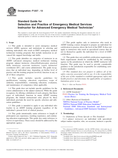 ASTM F1257-2013選擇的標(biāo)準(zhǔn)指南和緊急醫(yī)療服務(wù)講師高級救護(hù)技術(shù)員實(shí)踐Standard Guide for Selection and Practice of Emergency Medical Services Instructor for Advanced Emergency Medical Technician