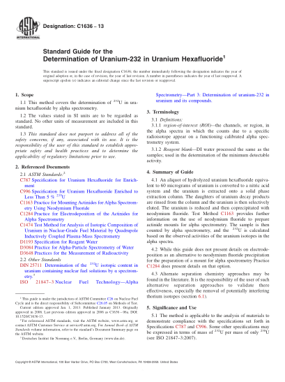 ASTM C1636-2013六氟化鈾中鈾-232的測(cè)定指南Standard Guide for the Determination of Uranium-232 in Uranium Hexafluoride