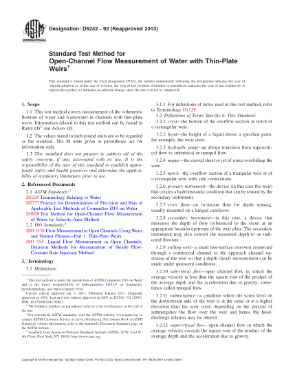 ASTM D5242-1992(2013)用薄板堰進(jìn)行明渠水流量測(cè)量的試驗(yàn)方法Standard Test Method for Open-Channel Flow Measurement of Water with Thin-Plate Weirs