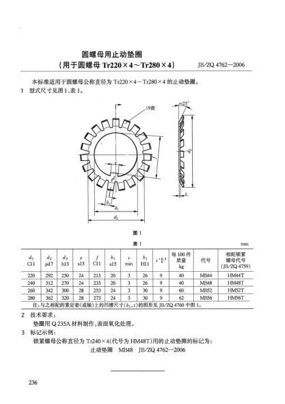 JB/ZQ 4762-2006圓螺母用止動(dòng)墊圈(用于圓螺母Tr220×4~Tr280×4)