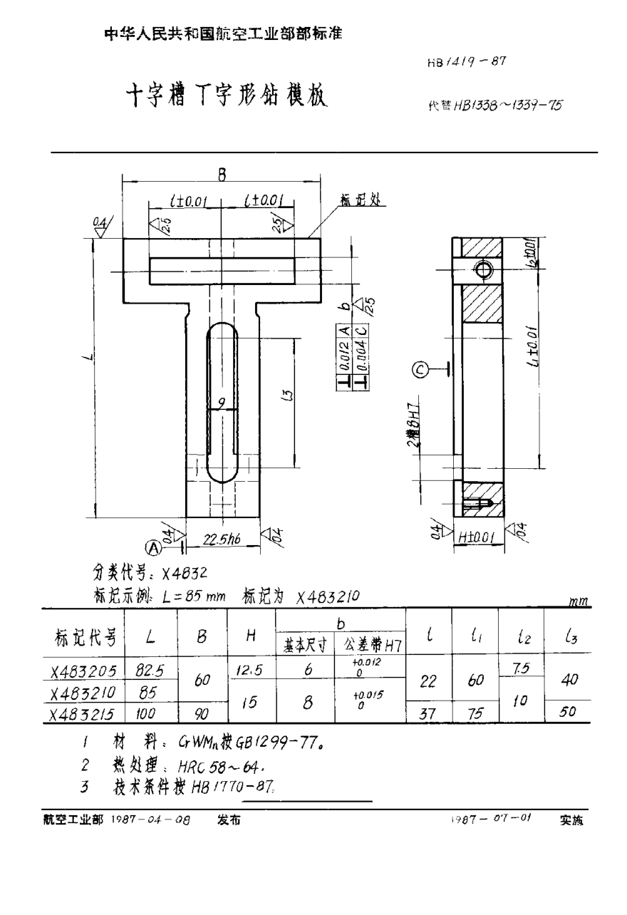 HB 1419-1987十字槽Ｔ字形鉆模板
