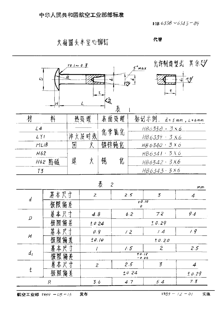 HB 6338-1989大扁圓頭半空心鉚釘