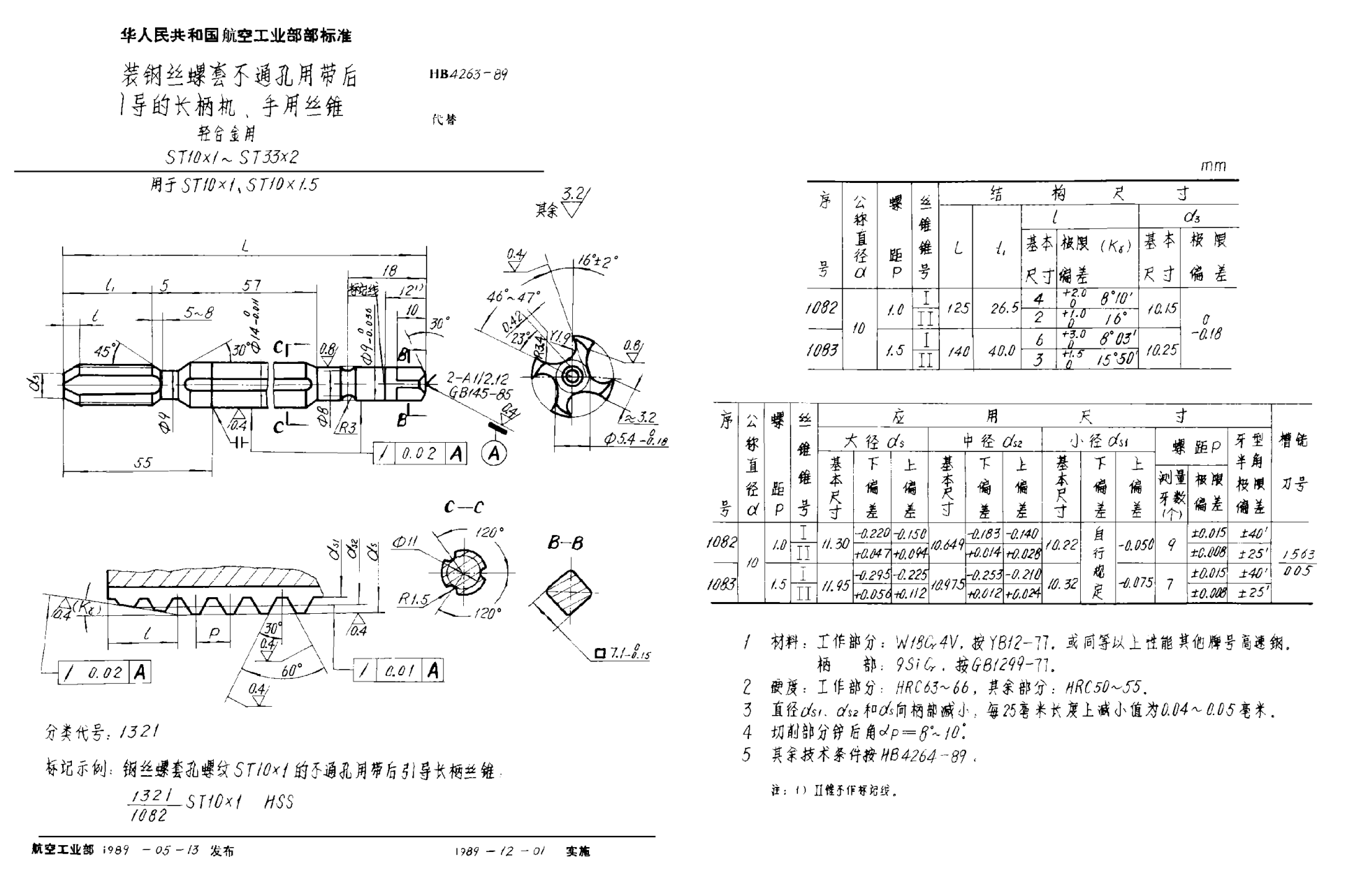 HB 4263-1989安裝鋼絲螺套不通孔用帶后引導(dǎo)的長柄機、手用絲錐u3000輕合金用u3000ＳＴ１０×１~ＳＴ３３×２