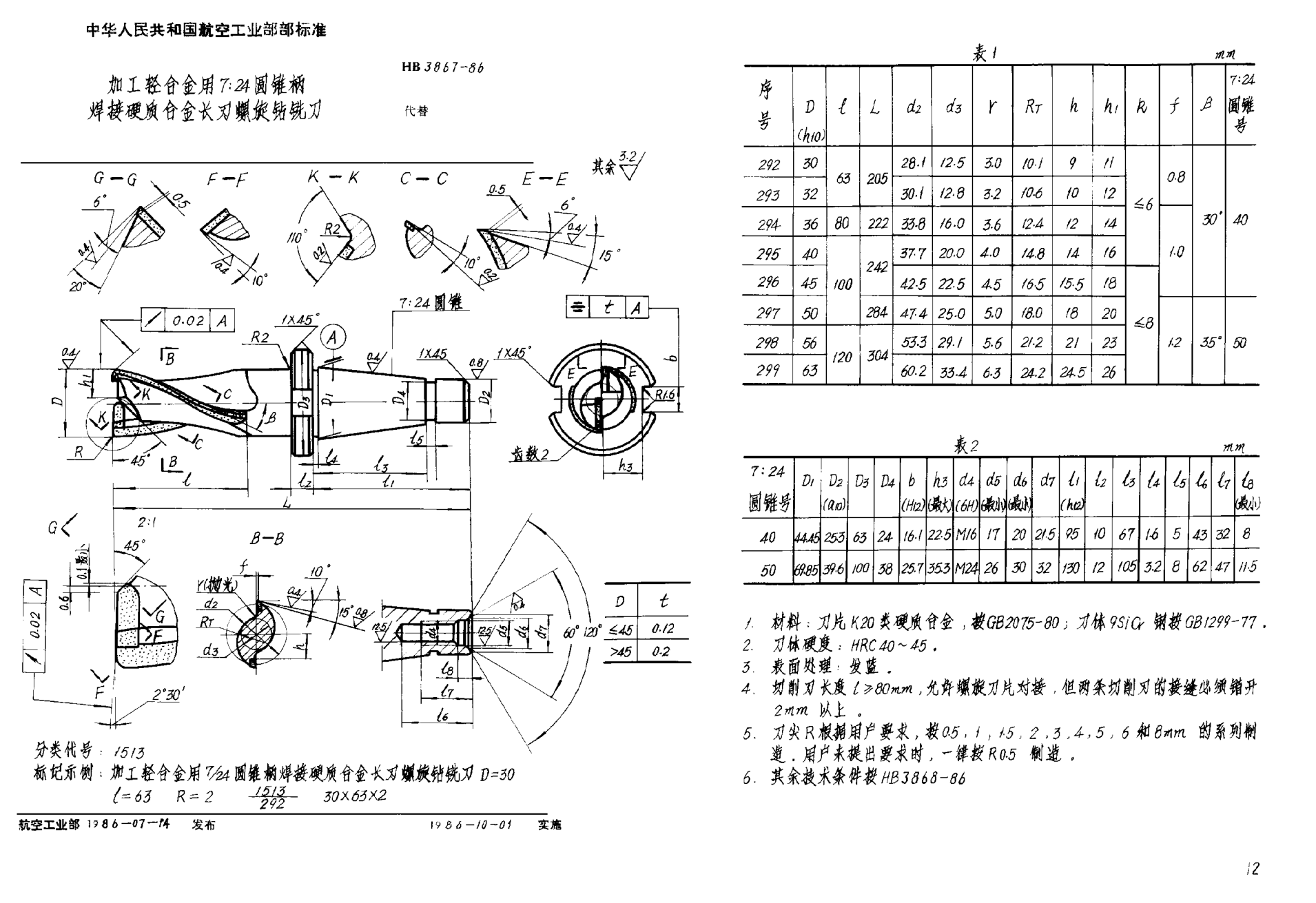 HB 3867-1986加工輕合金用７∶２４圓錐柄焊接硬質(zhì)合金長刃螺旋鉆銑刀