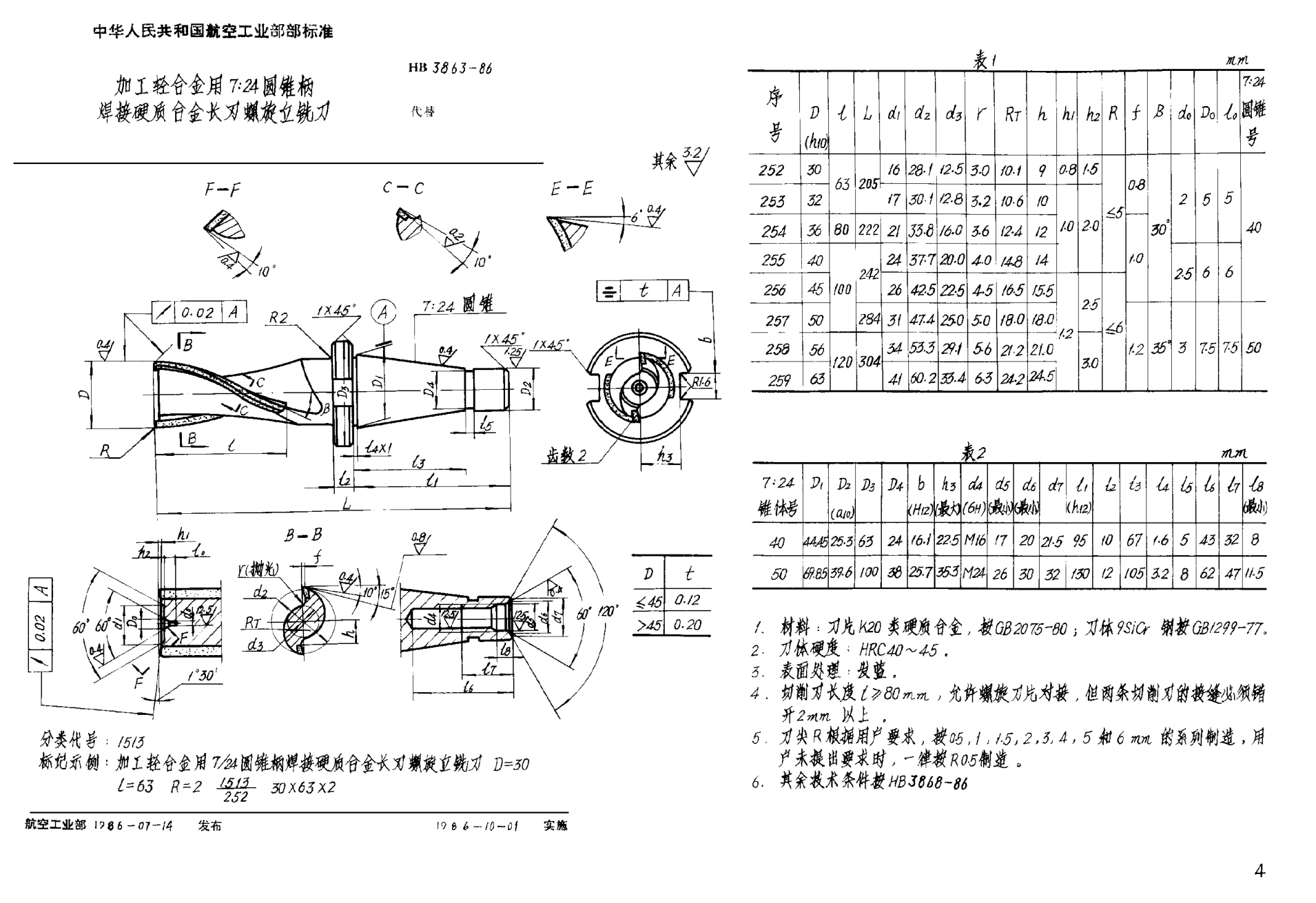 HB 3863-1986加工輕合金用７∶２４圓錐柄焊接硬質合金長刃螺旋立銑刀