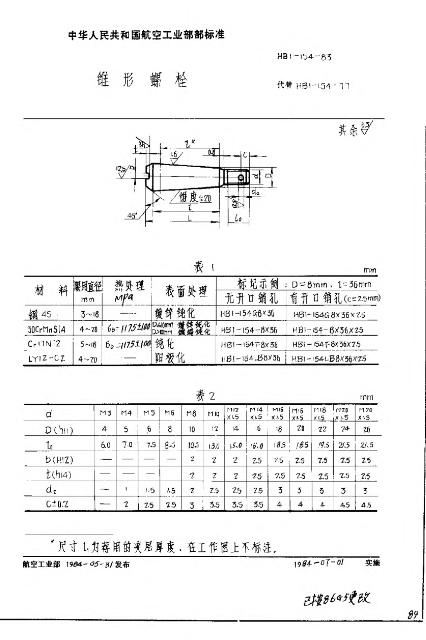 HB 1-154-1983錐形螺栓