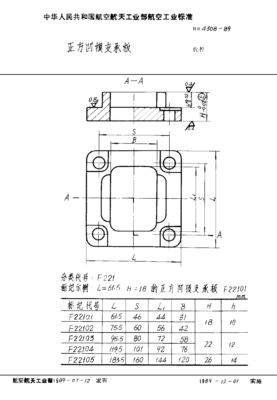 HB 4308-1989正方凹模支承板