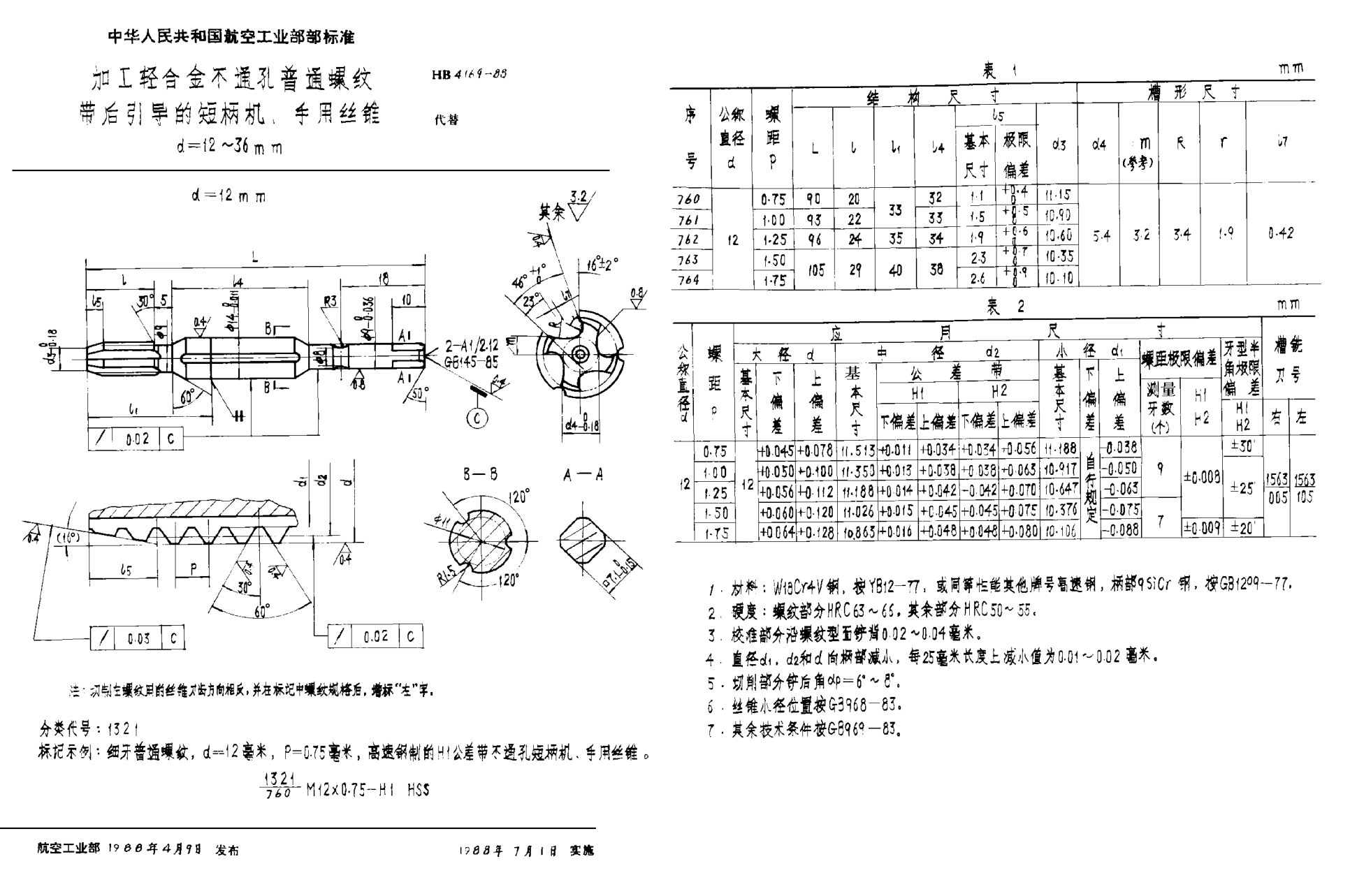 HB 4169-1988加工輕合金不通孔普通螺紋帶后引導的短柄機、手用絲錐 ｄ＝１２~３６ｍｍ