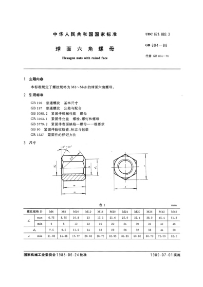 GB/T 804-1988球面六角螺母