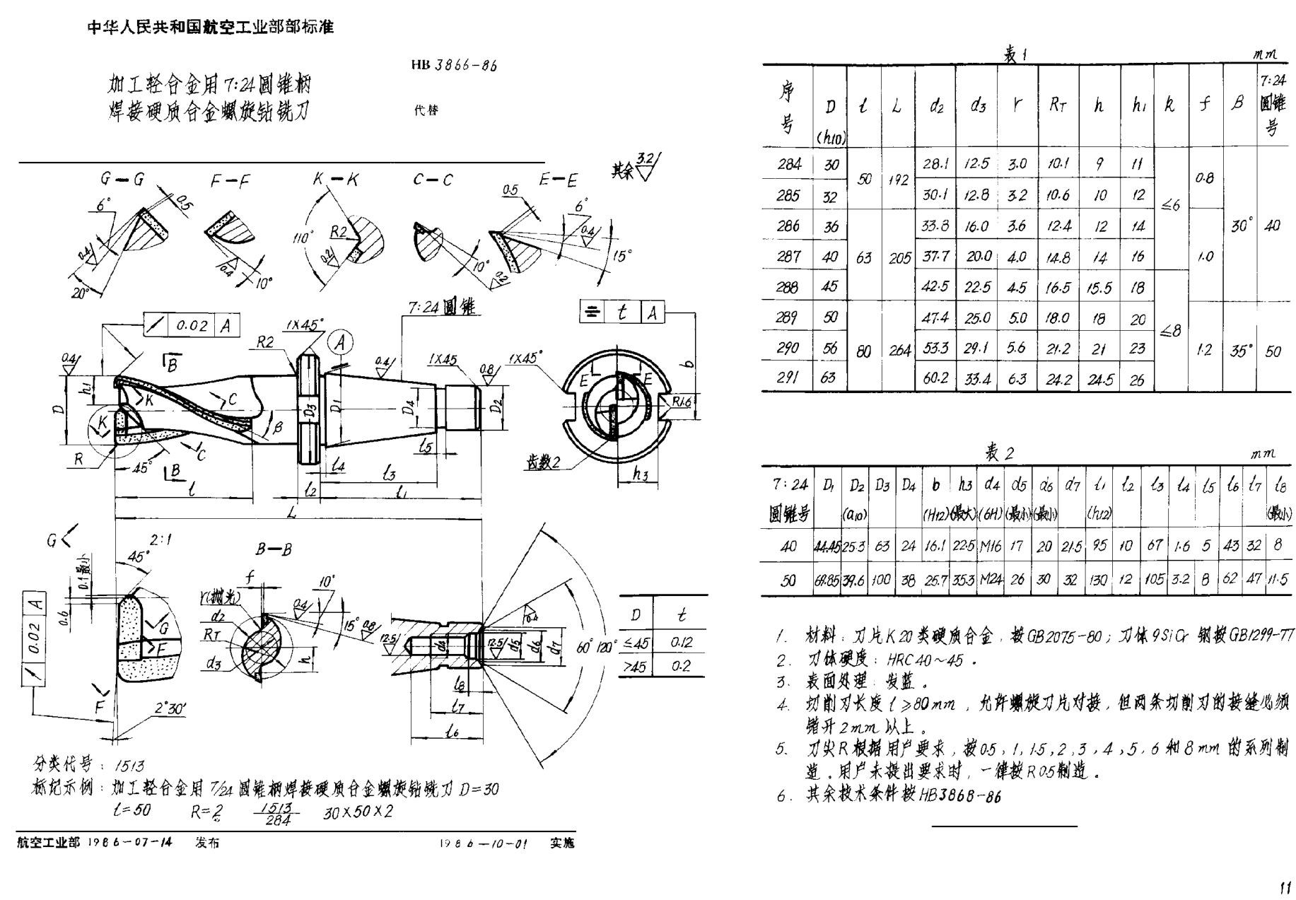 HB 3866-1986加工輕合金用７∶２４圓錐柄焊接硬質(zhì)合金螺旋鉆銑刀
