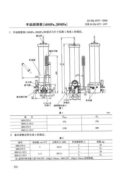 JB/ZQ 4557-2006手動潤滑泵(10MPa、20MPa)