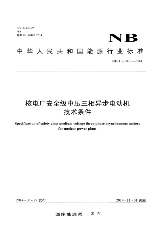 NB/T 20301-2014核電廠安全級中壓三相異步電動機(jī)技術(shù)條件