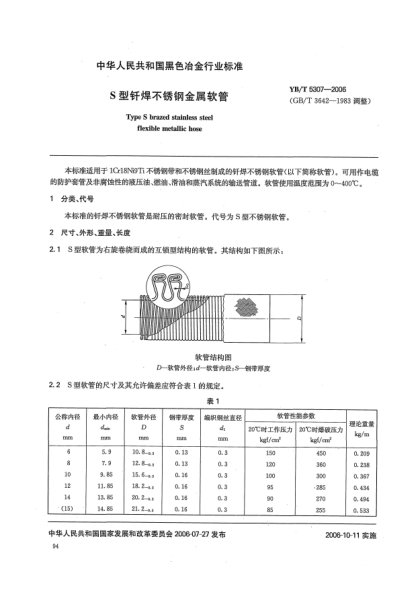 YB/T 5307-2006S型釬焊不銹鋼金屬軟管