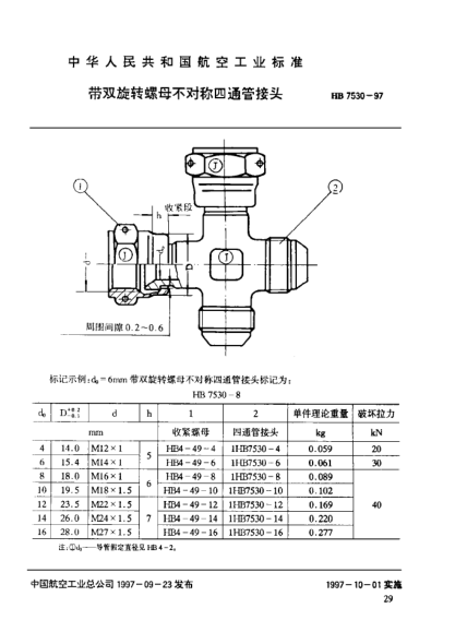 HB 7530-1997帶雙旋轉螺母不對稱四通管接頭