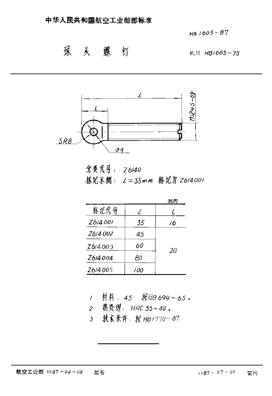HB 1603-1987球頭螺釘