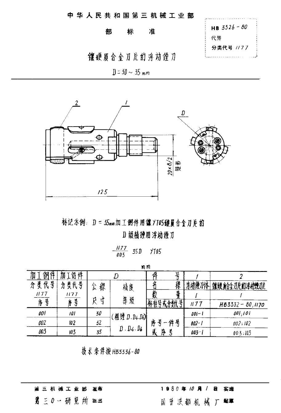 HB 3326-1980鑲硬質(zhì)合金刀片的浮動(dòng)鏜刀 D＝30~35mm