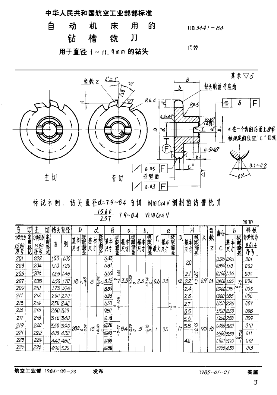 HB 3441-1984自動機(jī)床用的鉆槽銑刀 用于直徑1~11.9mm的鉆頭