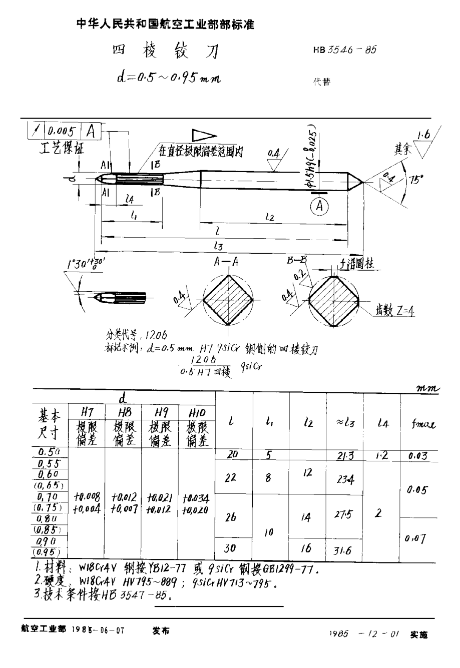HB 3546-1985四棱鉸刀 d＝0.5~0.95mm