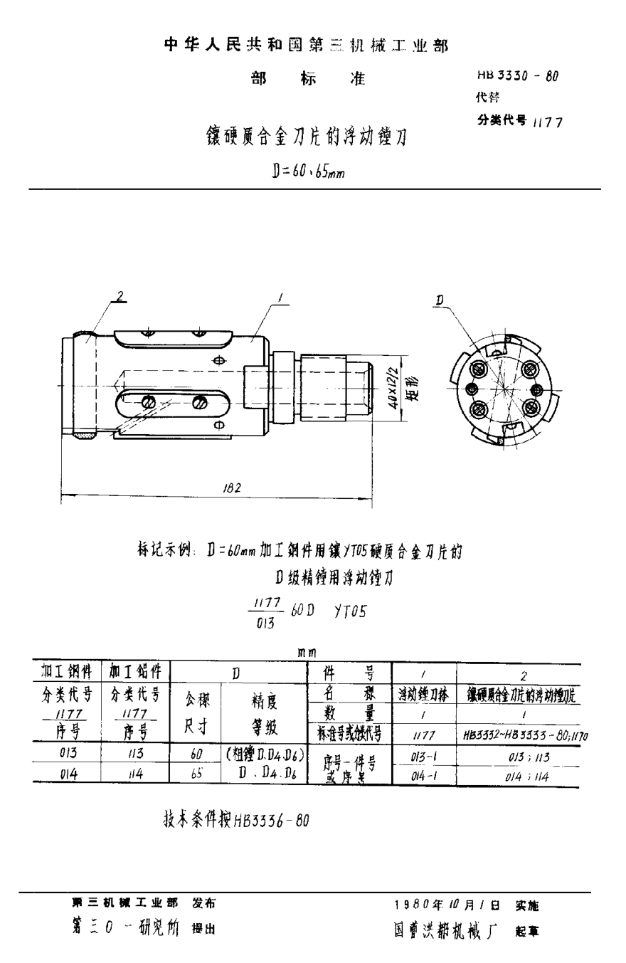 HB 3330-1980鑲硬質(zhì)合金刀片的浮動(dòng)鏜刀 Ｄ＝６０、６５ｍｍ