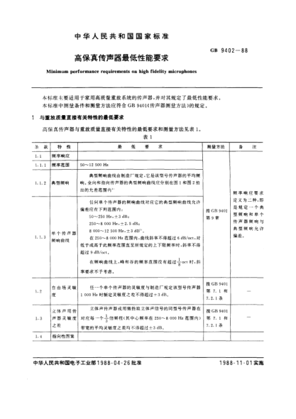 GB/T 9402-1988高保真?zhèn)髀暺髯畹托阅芤驧inimum performance requirements on high fidelity microphones