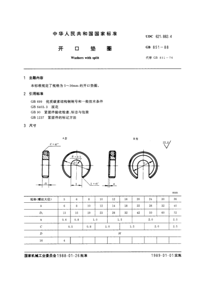 GB/T 851-1988開口墊圈Washers with split