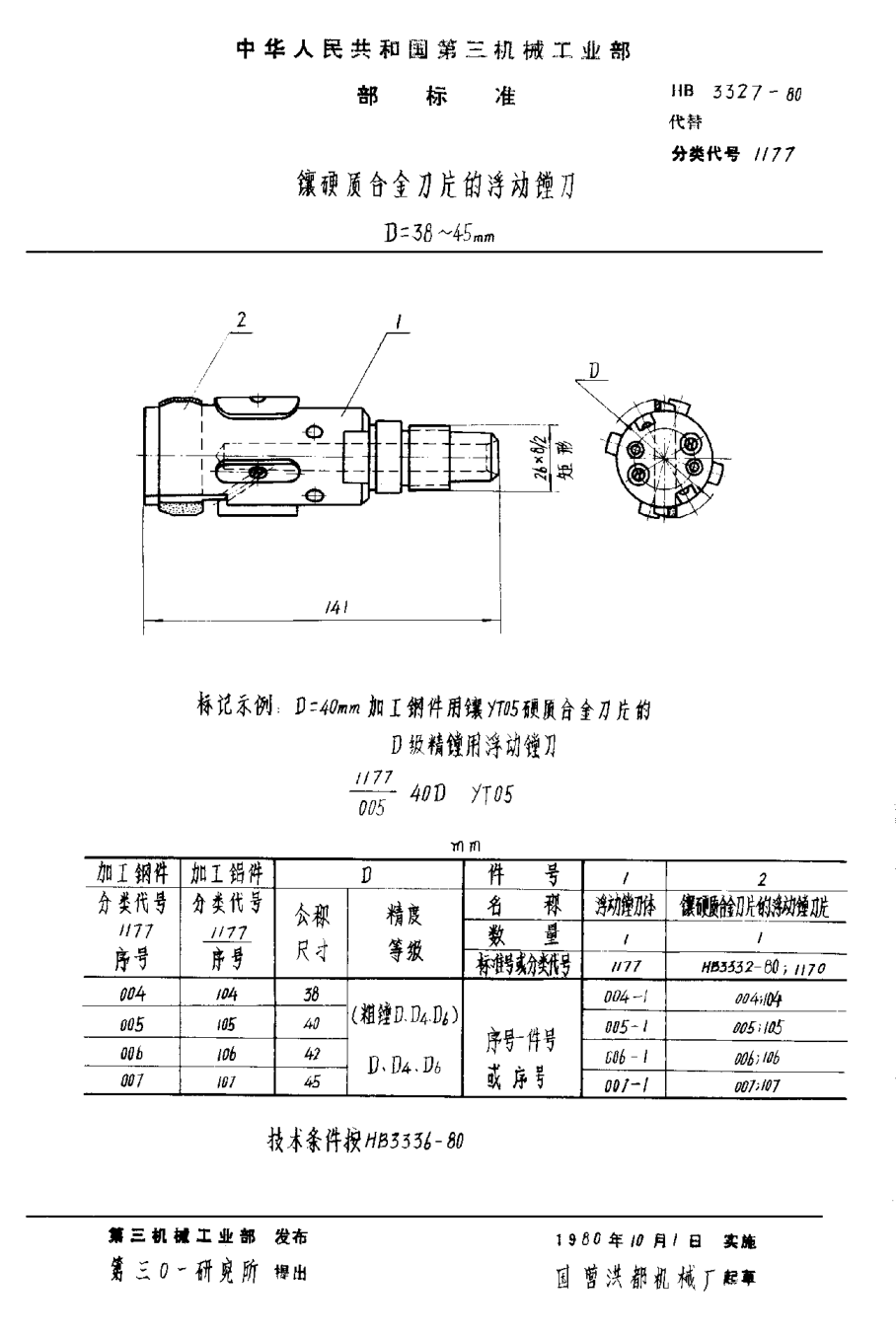 HB 3327-1980鑲硬質(zhì)合金刀片的浮動鏜刀 D＝38~45mm