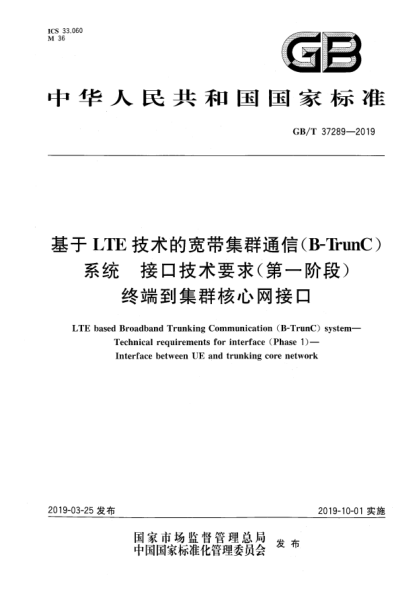 GB/T 37289-2019基于LTE技術的寬帶集群通信(B-TrunC)系統(tǒng)  接口技術要求(第一階段)  終端到集群核心網(wǎng)接口