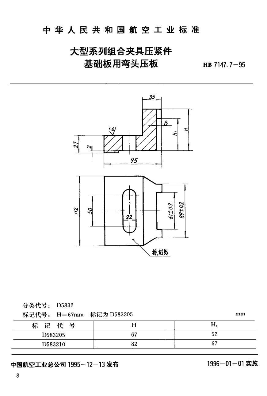 HB 7147.7-1995大型系列組合夾具壓緊件 基礎板用彎頭壓板
