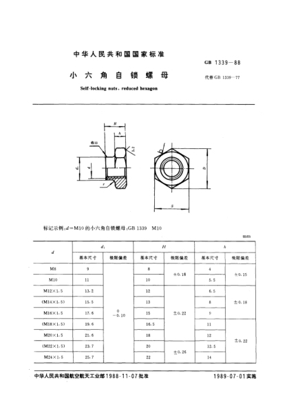 GB/T 1339-1988小六角自鎖螺母Self-locking nuts,reduced hexagon