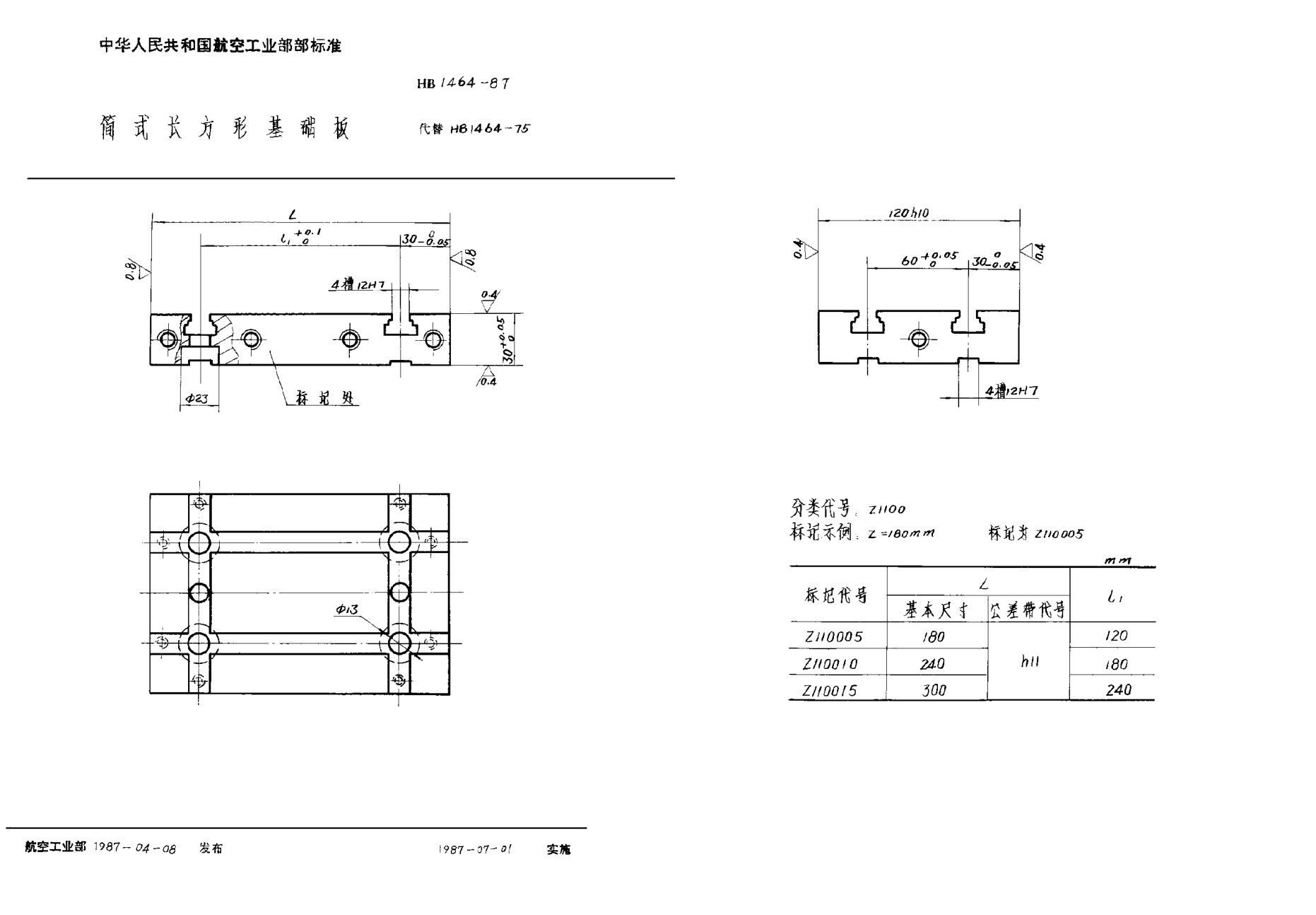 HB 1464-1987簡(jiǎn)式長(zhǎng)方形基礎(chǔ)板