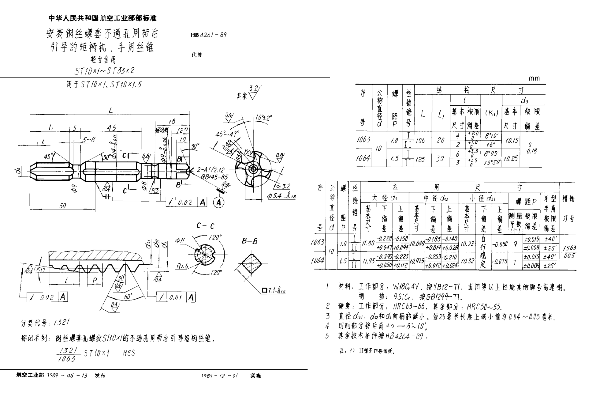HB 4261-1989安裝鋼絲螺套不通孔用帶后引導(dǎo)的短柄機(jī)、手用絲錐 輕合金用 ＳＴ１０×１~ＳＴ３３×２