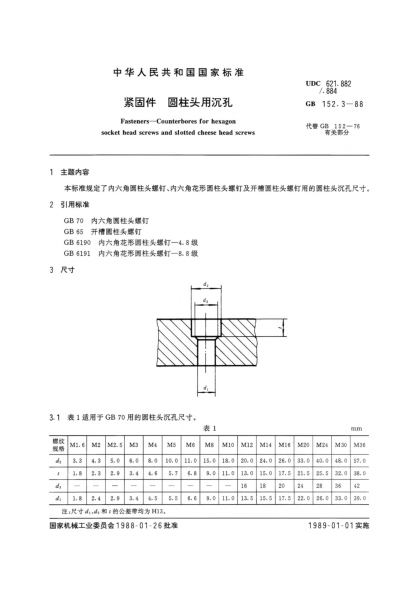 GB/T 152.3-1988緊固件  圓柱頭用沉孔