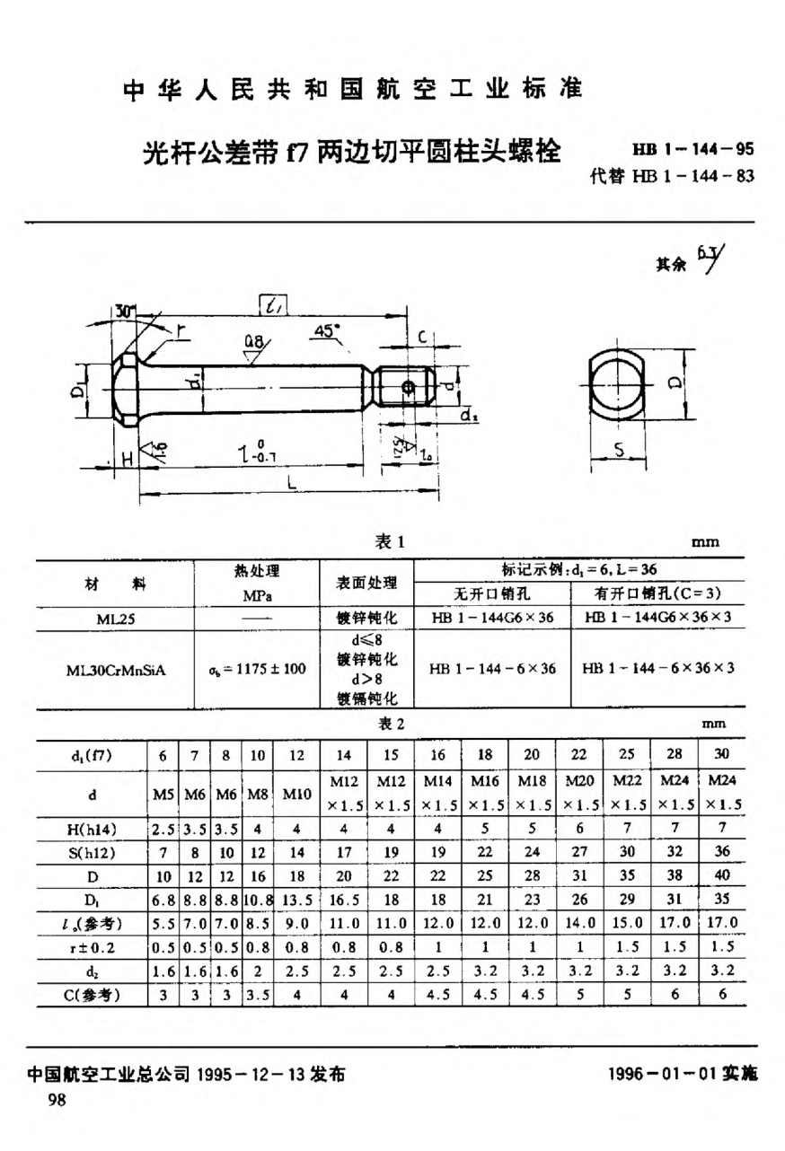 HB 1-144-1995光桿公差帶f7兩邊切平圓柱頭螺栓