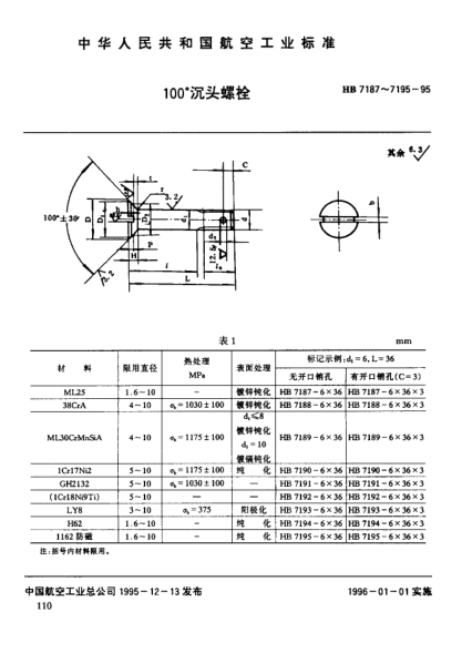 HB 7194-1995１００°沉頭螺栓