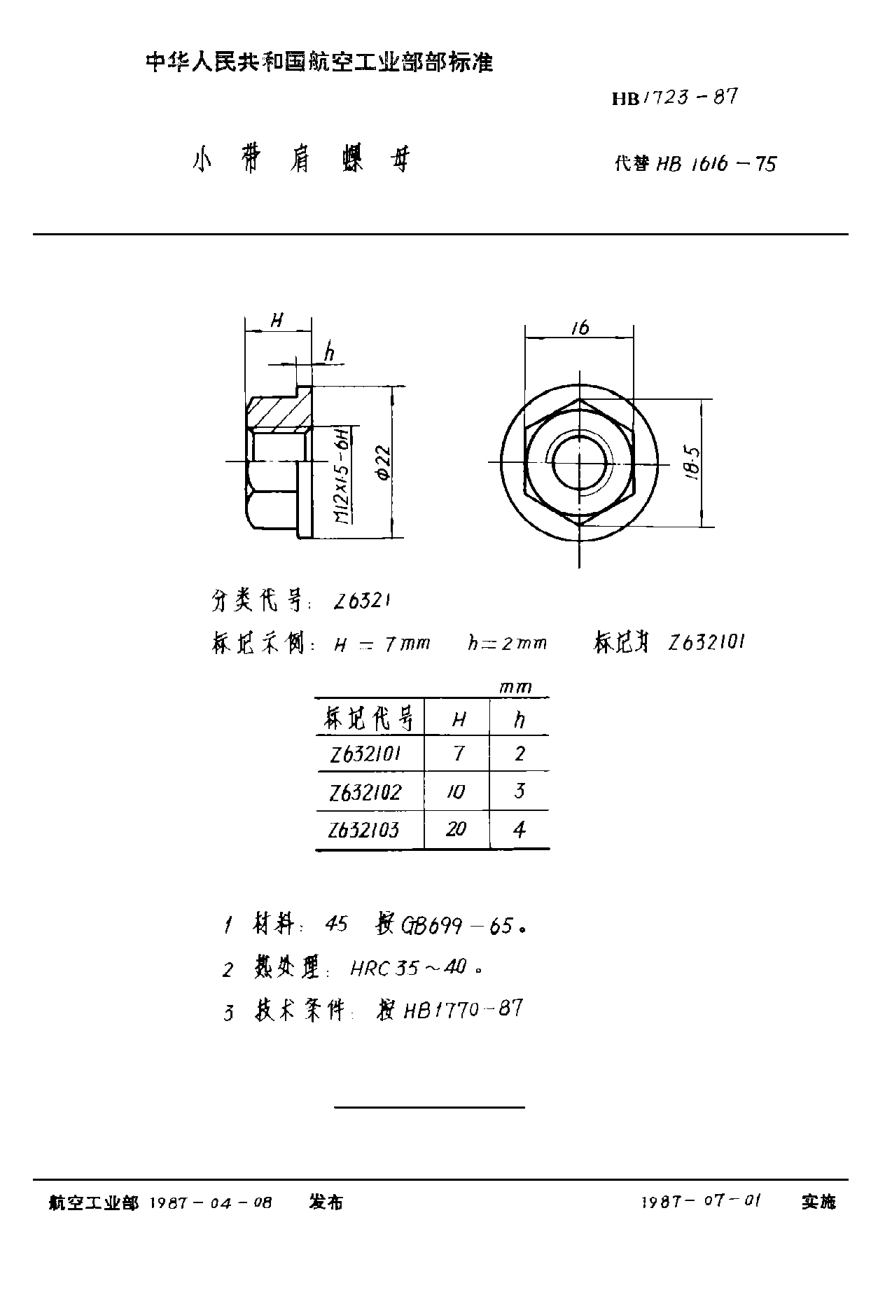 HB 1723-1987小帶肩螺母
