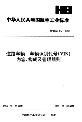 Q/HBm 113-1998道路車輛.車輛識別代號(VIN)內(nèi)容、構成及管理規(guī)則