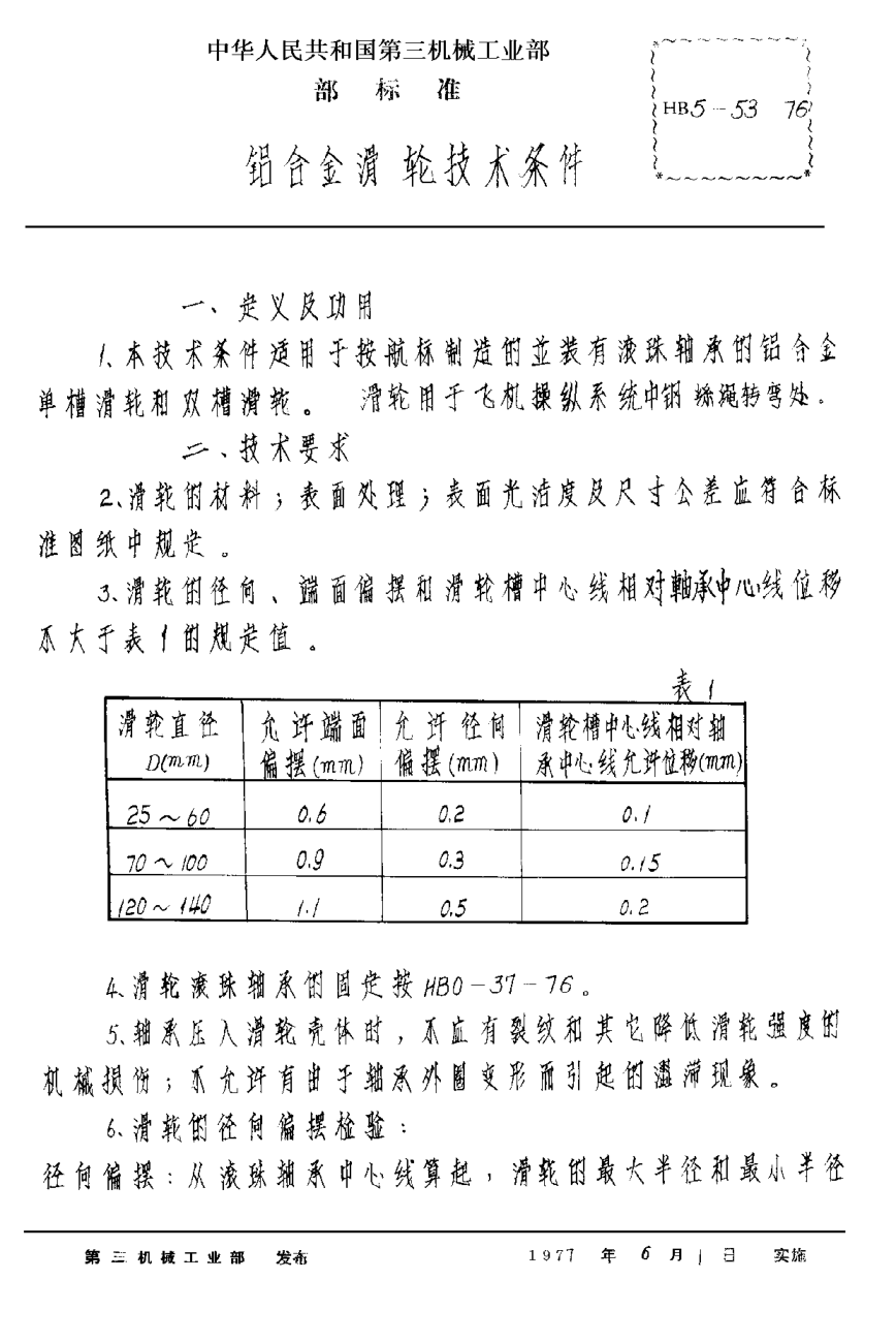 HB 5-53-1976鋁合金滑輪技術(shù)條件