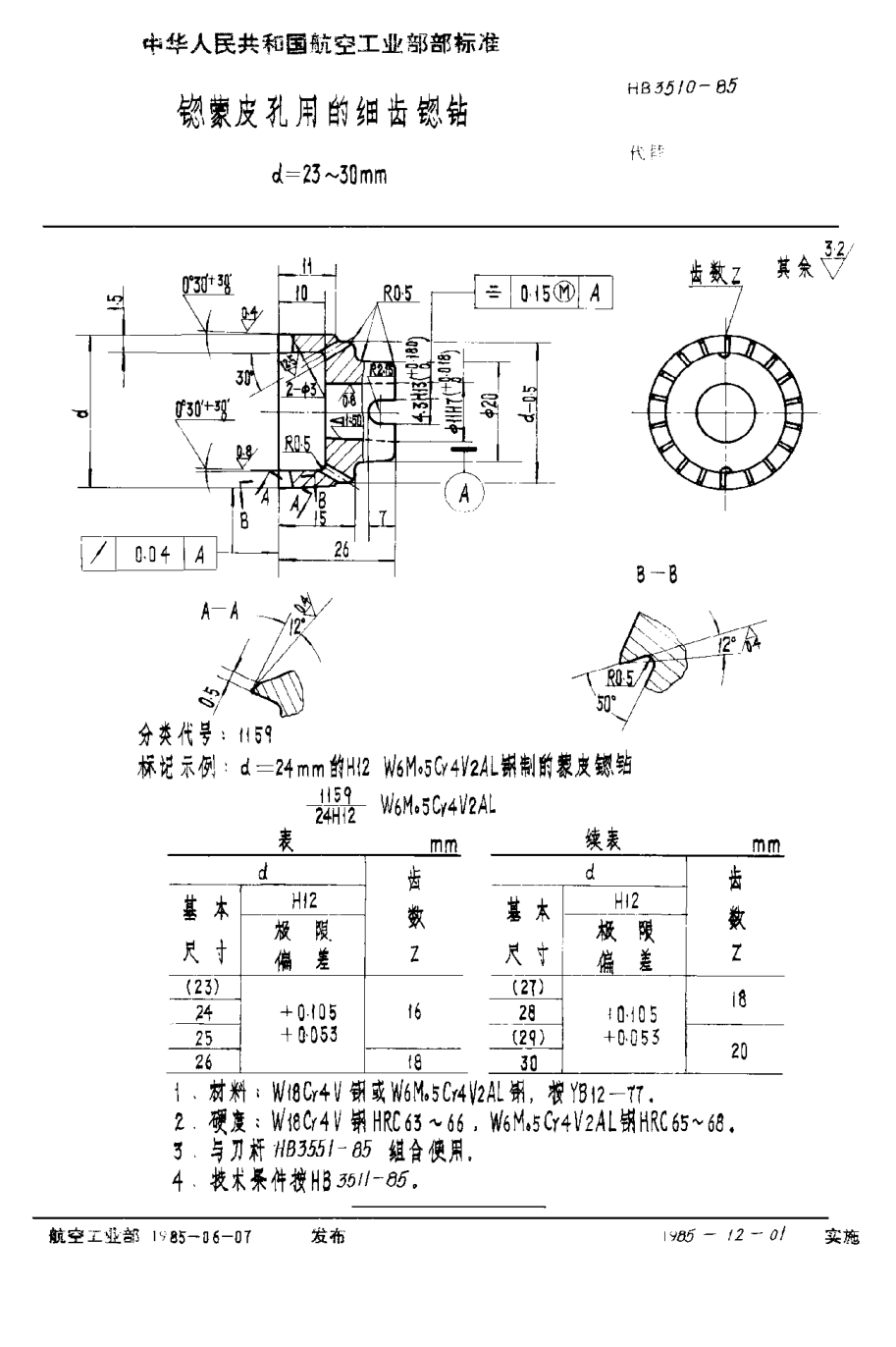 HB 3510-1985锪蒙皮孔用的細(xì)齒锪鉆 d＝23~30mm
