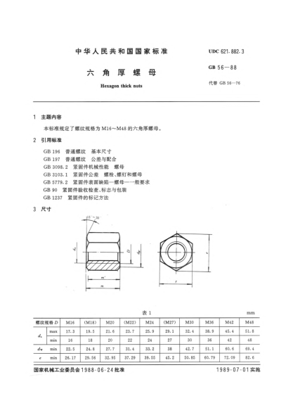 GB/T 56-1988六角厚螺母Hexagon thick nuts