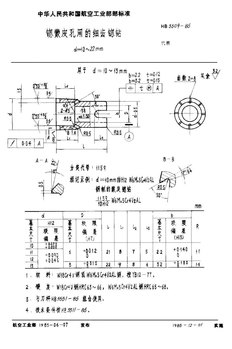 HB 3509-1985锪蒙皮孔用的細齒锪鉆 d＝10~22mm