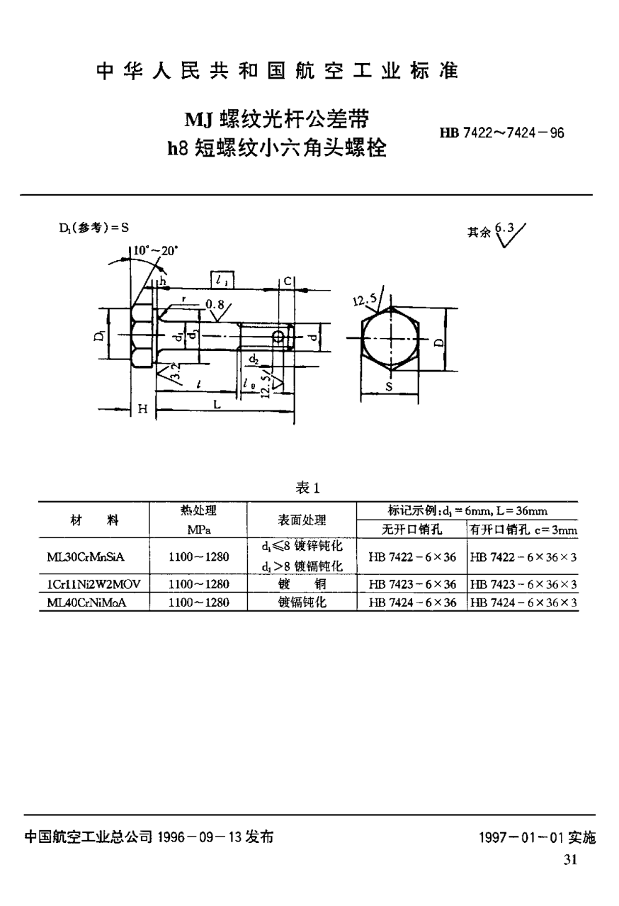 HB 7422-1996ＭＪ螺紋光桿公差帶ｈ８短螺紋小六角頭螺栓