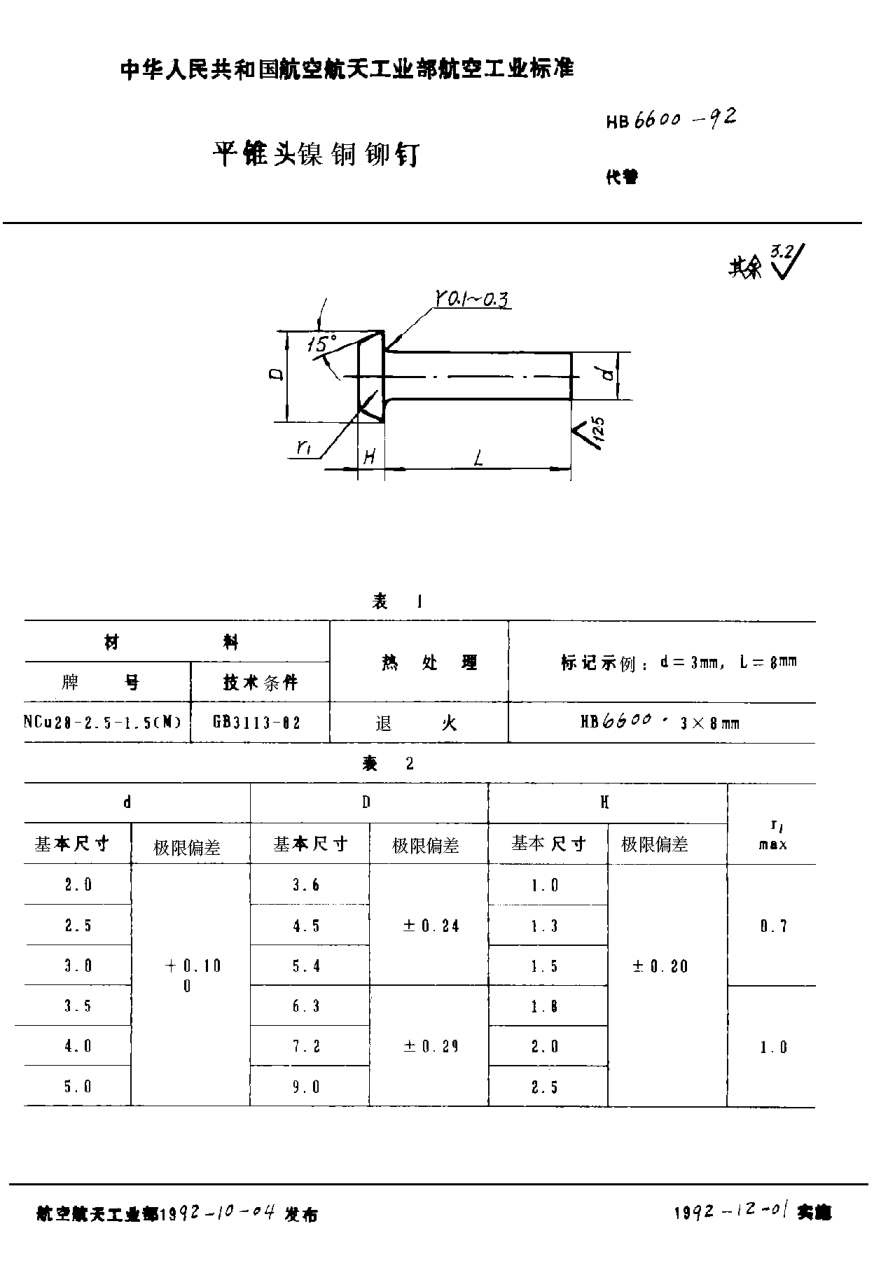 HB 6600-1992平錐頭鎳銅鉚釘