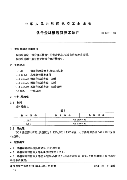 HB 6851-1993鈦合金環(huán)槽鉚釘技術(shù)條件