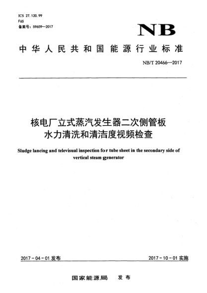 NB/T 20466-2017核電廠立式蒸汽發(fā)生器二次側(cè)管板水力清洗和清潔度視頻檢查