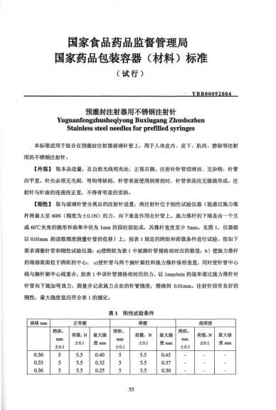 YBB 0009-2004預(yù)灌封注射器用不銹鋼注射針Yuguanfengzhusheqiyong Buxiugang Zhushezhen Stainless steel needles for prefilled syringes
